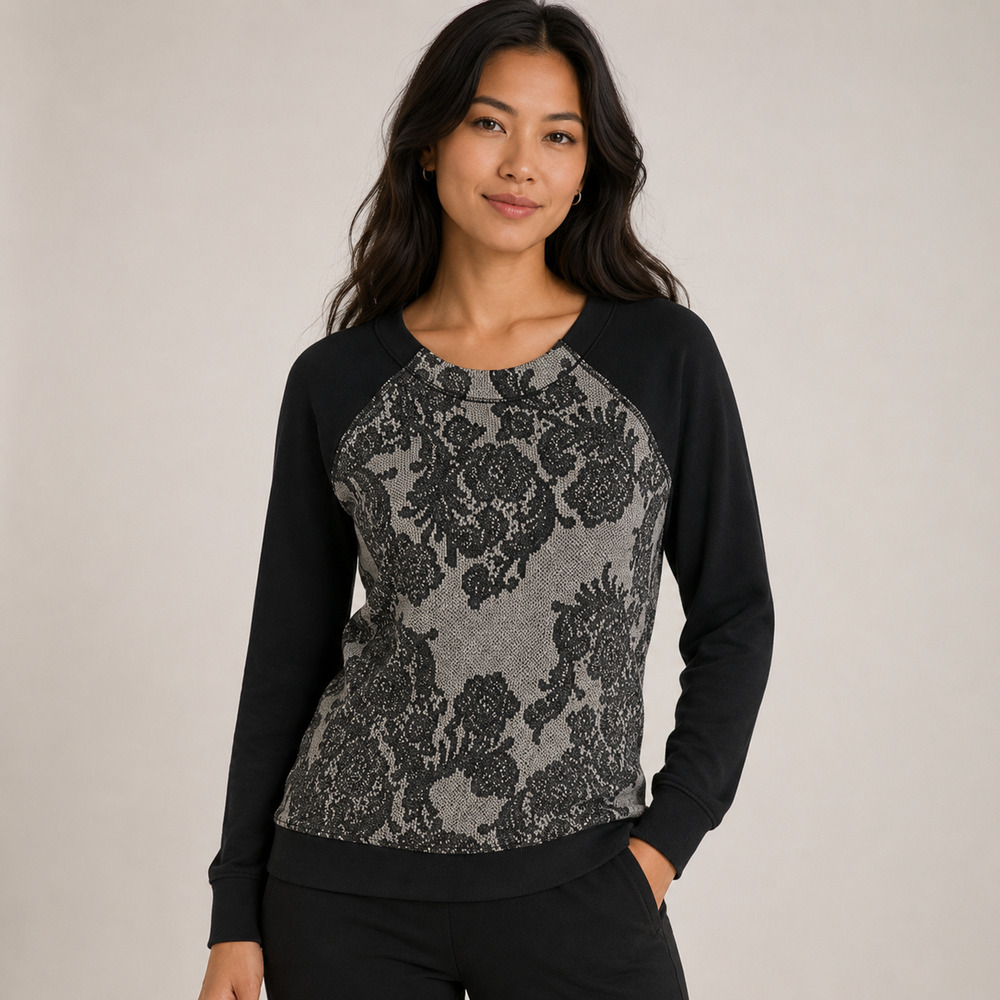 Lululemon Fleet Street Pullover Sweater Fleece Floral Jacquard Black Gray Sz 4